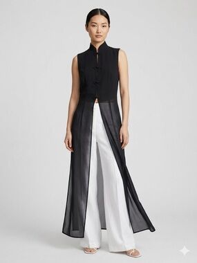 Vintage Black Chiffon Semi-Sheer Long Duster Vest Top w/ Frog Buttons - 8